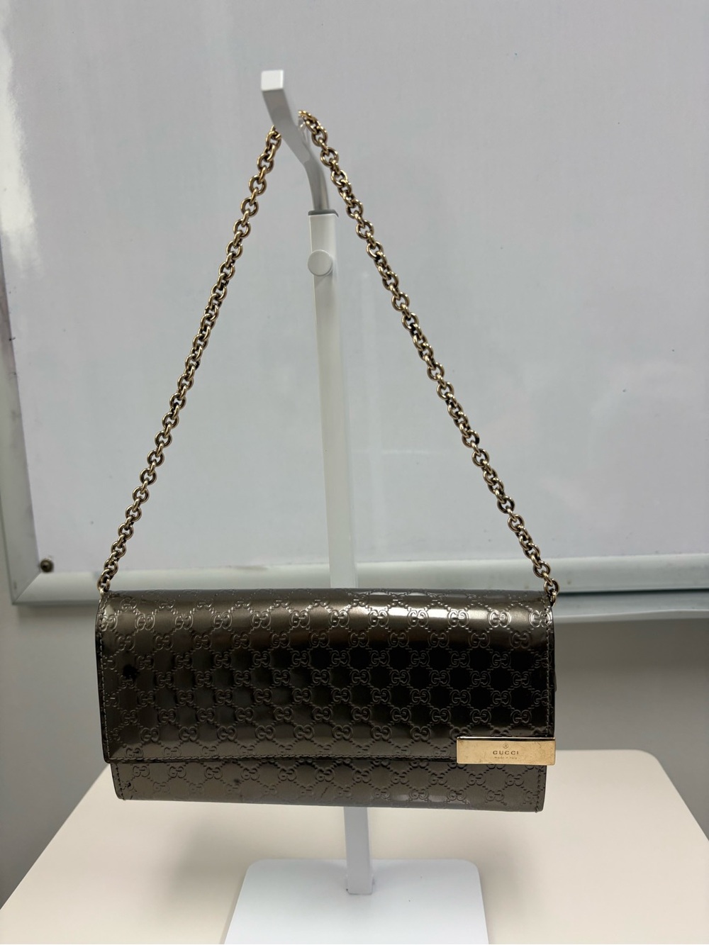 Gucci Bronze Metallic patent leather removable chain Wallet/Shoulder Bag, COA